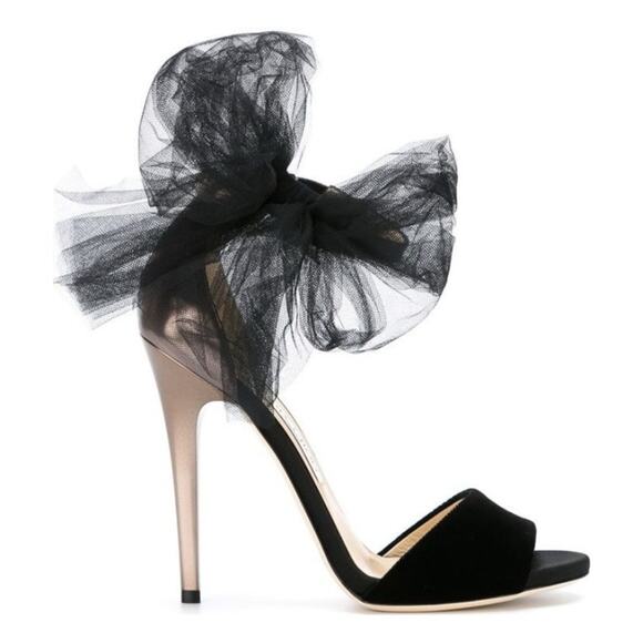 Jimmy Choo Shoes - JIMMY CHOO Lilyth 100 Black Velvet Metallic Leather Tulle Bow Heels 36